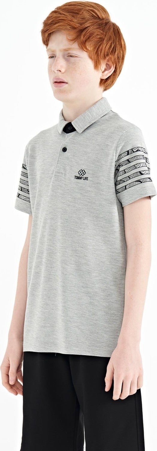 Tommy Life Gray Melange Sleeve Print Detailed Standard Pattern Polo Collar Boy's T-Shirt - 11093  - Image 5