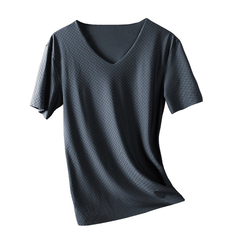 Ice Silk Traceless Short-sleeved T-shirt Men's V-neck Summer Thin Stretch Slim-fit Top Grid Quick-drying Sports Half-sleeved T-shirt - Image 1