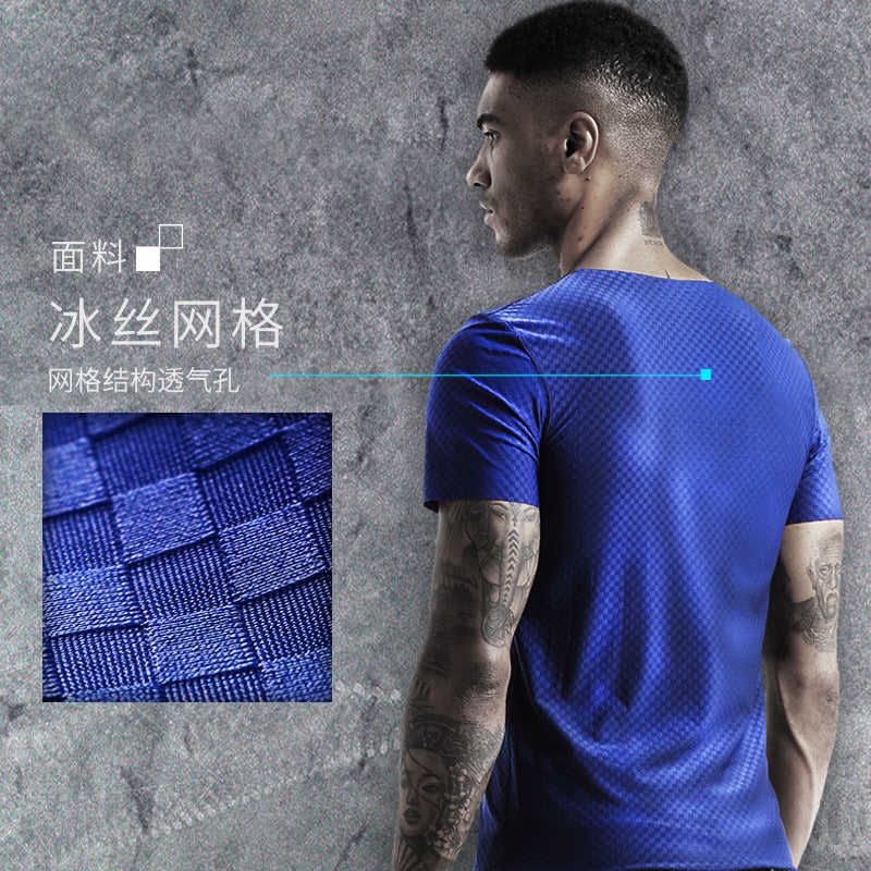 Ice Silk Traceless Short-sleeved T-shirt Men's V-neck Summer Thin Stretch Slim-fit Top Grid Quick-drying Sports Half-sleeved T-shirt - Image 5