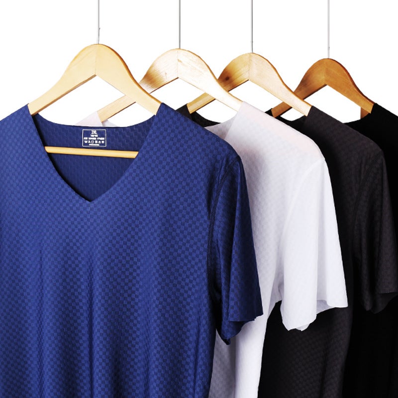 Ice Silk Traceless Short-sleeved T-shirt Men's V-neck Summer Thin Stretch Slim-fit Top Grid Quick-drying Sports Half-sleeved T-shirt - Image 3