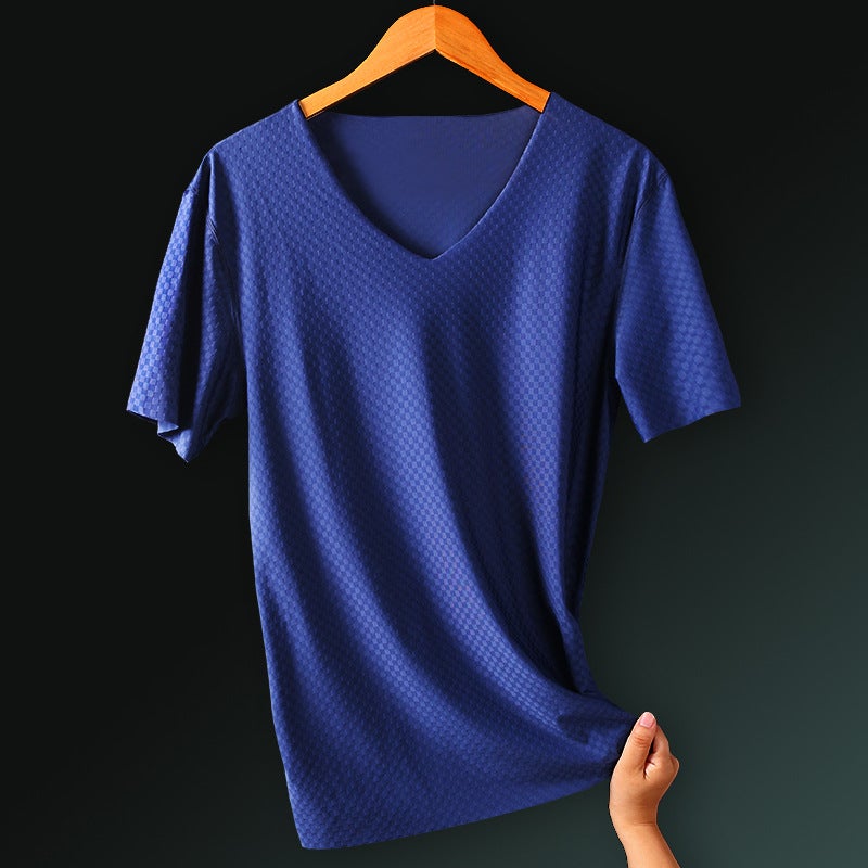Ice Silk Traceless Short-sleeved T-shirt Men's V-neck Summer Thin Stretch Slim-fit Top Grid Quick-drying Sports Half-sleeved T-shirt - Image 2