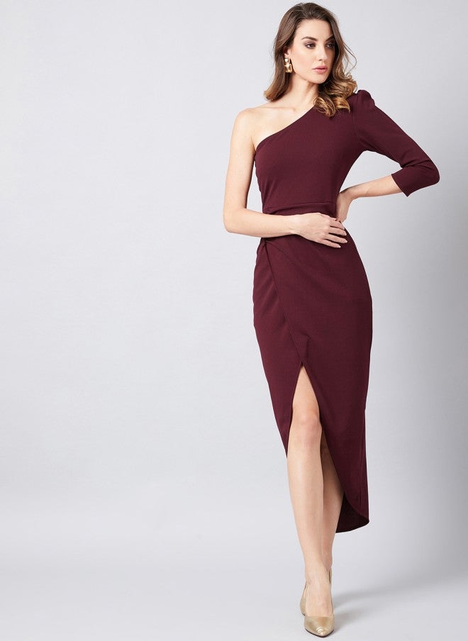 Athena Burgundy One Shoulder Wrap Dress for Women - Image 1