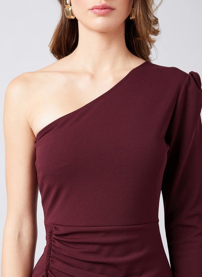 Athena Burgundy One Shoulder Wrap Dress for Women - Image 2
