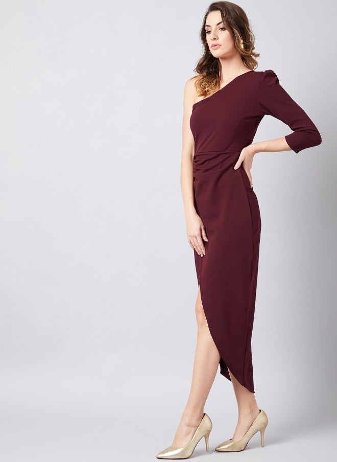 Athena Burgundy One Shoulder Wrap Dress for Women - Image 3