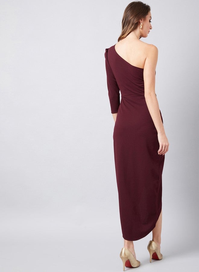 Athena Burgundy One Shoulder Wrap Dress for Women - Image 4
