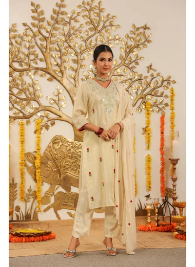 PRIYA’S PANACHE Premium Golden Shimmer Tissue Straight Kurta Pant Dupatta Set | Festive Indian Dress Traditional Ethnic Wear for Women