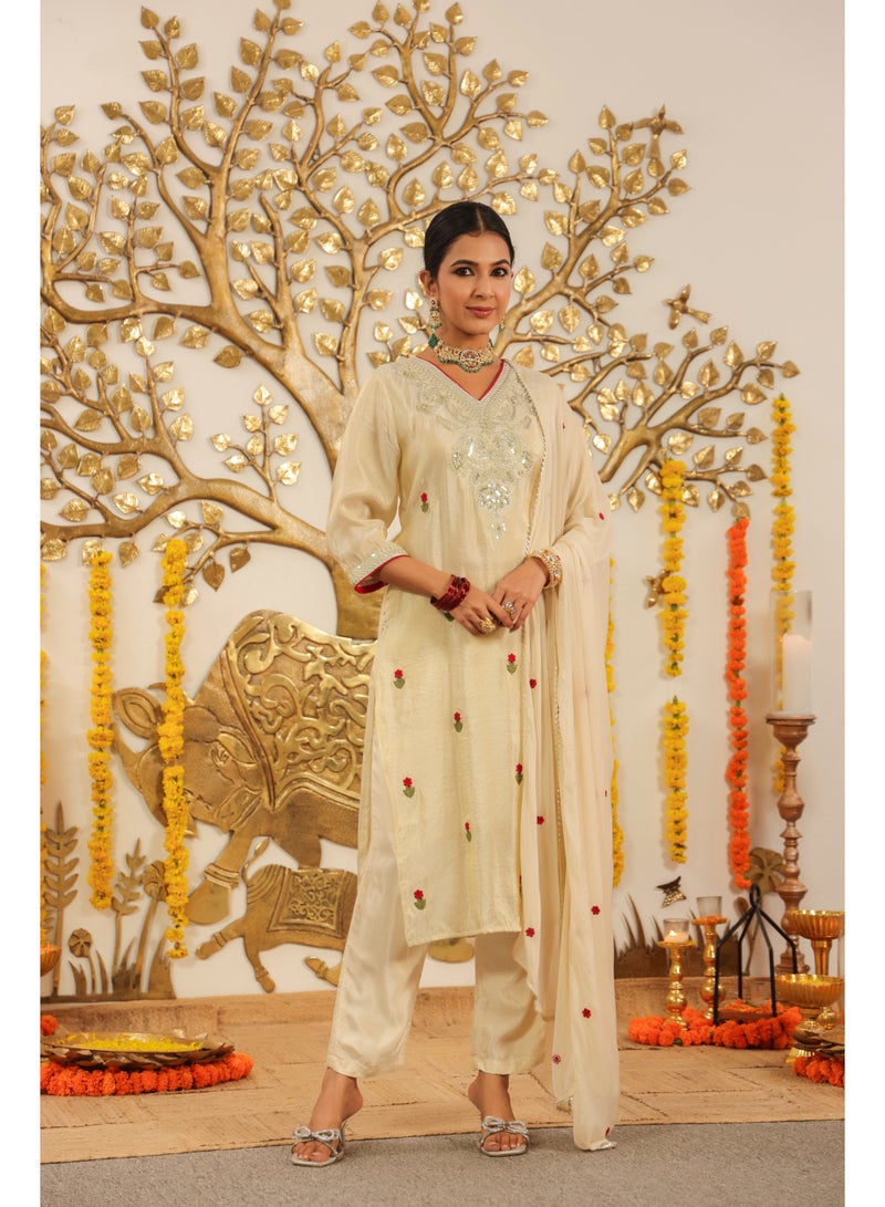 PRIYA’S PANACHE Premium Golden Shimmer Tissue Straight Kurta Pant Dupatta Set | Festive Indian Dress Traditional Ethnic Wear for Women - Image 1