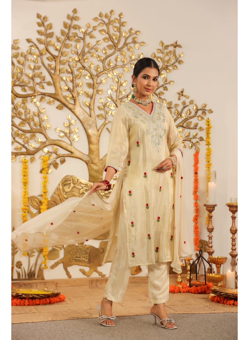 PRIYA’S PANACHE Premium Golden Shimmer Tissue Straight Kurta Pant Dupatta Set | Festive Indian Dress Traditional Ethnic Wear for Women - Image 5