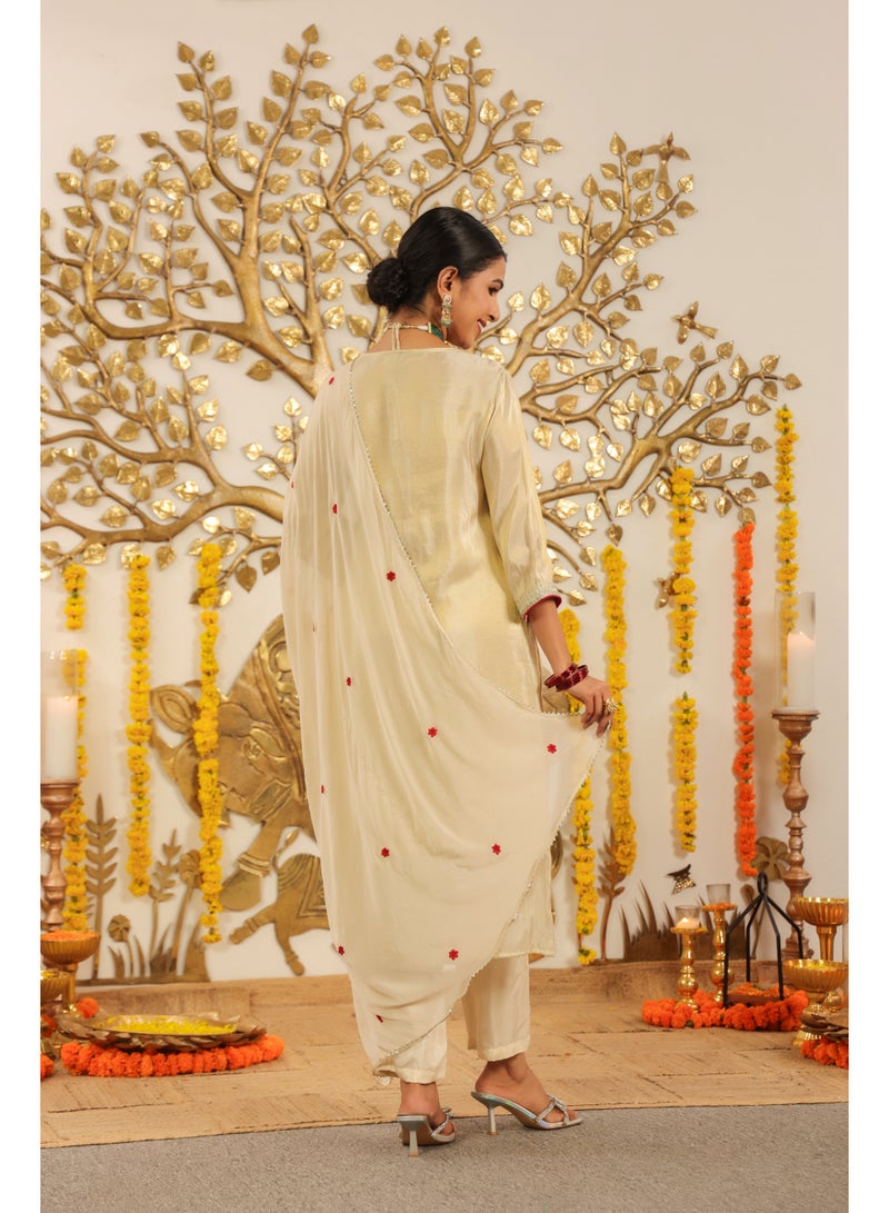 PRIYA’S PANACHE Premium Golden Shimmer Tissue Straight Kurta Pant Dupatta Set | Festive Indian Dress Traditional Ethnic Wear for Women - Image 3