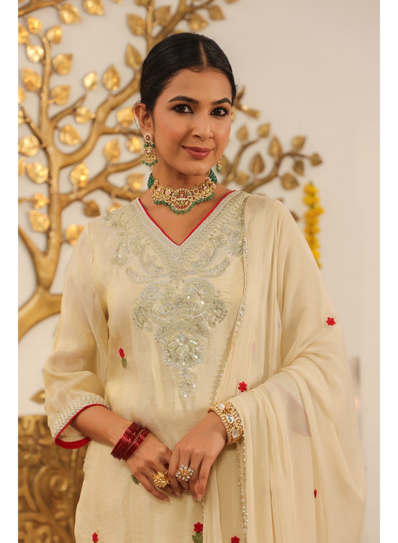 PRIYA’S PANACHE Premium Golden Shimmer Tissue Straight Kurta Pant Dupatta Set | Festive Indian Dress Traditional Ethnic Wear for Women - Image 2