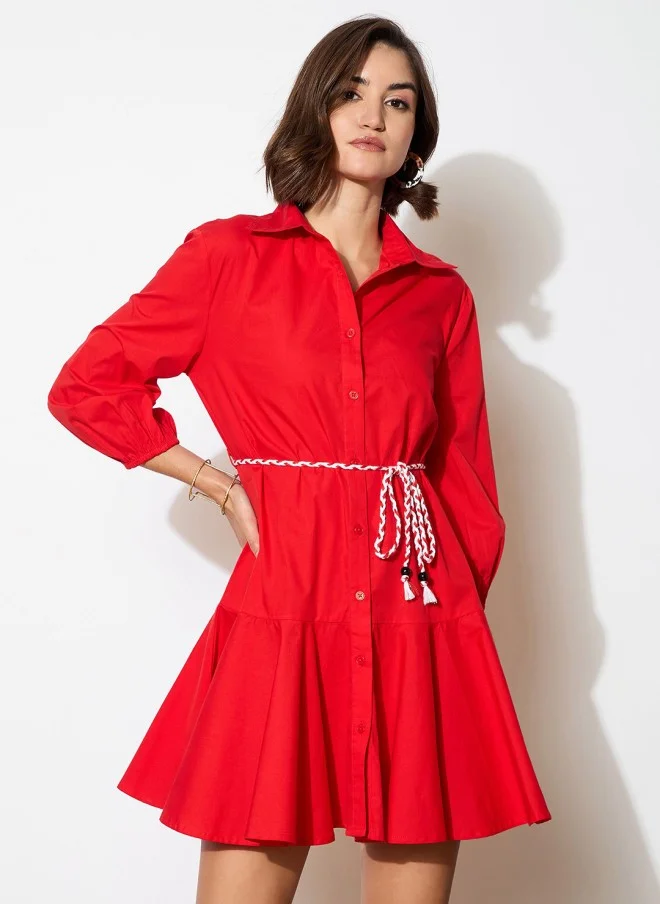 SASSAFRAS Red Cotton Shirt Dress for Women