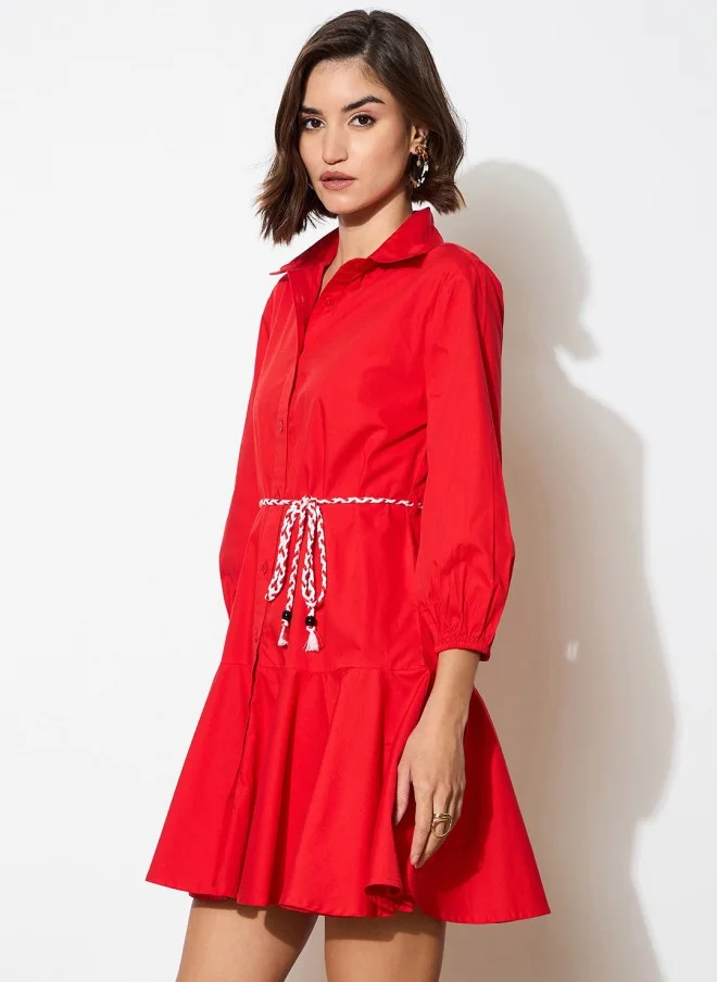 SASSAFRAS Red Cotton Shirt Dress for Women