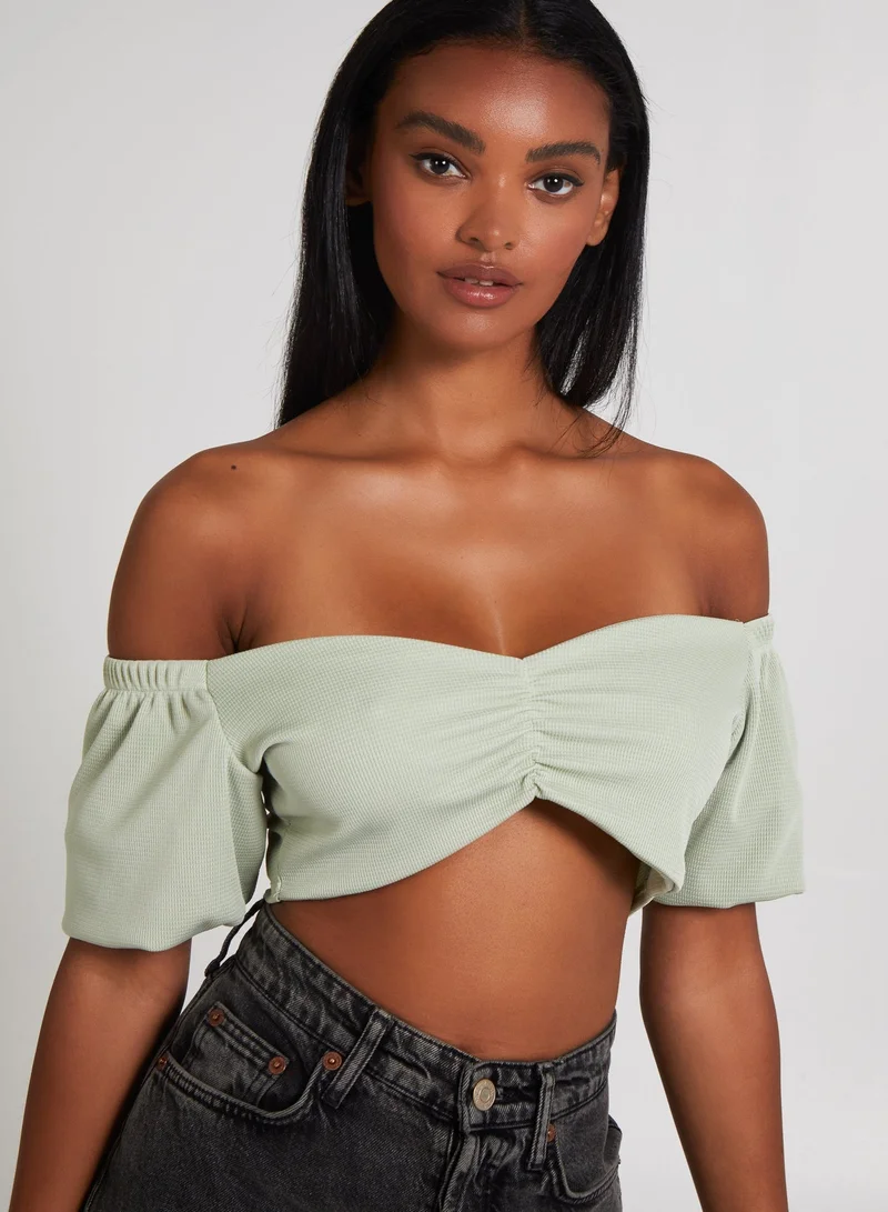 Pink Vanilla Waffle Rib Ruched Crop Top