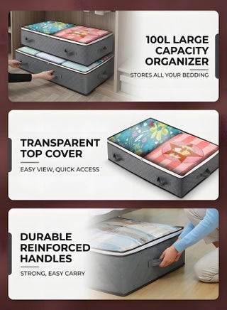 2Pack Clothes Storage Bag Organizer,100L Large Capacity Organizer,Under Bed Storage Bags,Blanket Storage Containers Organizers,Reinforced Handle,Foldable,Storage Bins,For Home Storage - view 3