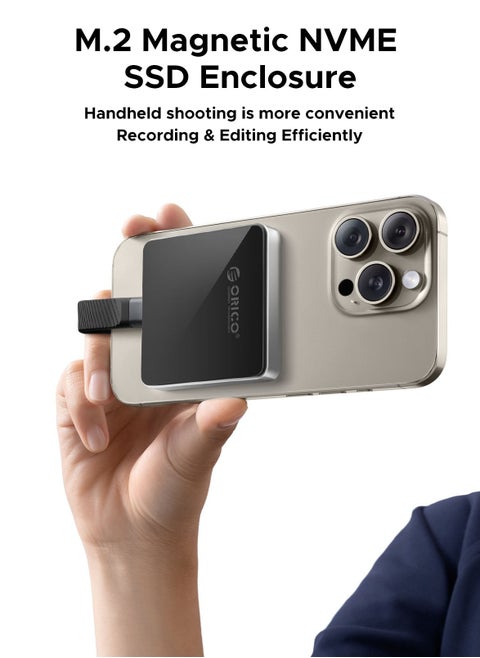 ORICO NVMe M.2 2230 SSD Enclosure, Magnetic SSD Enclosure Compatible with iPhone 15/16 Pro Series ProRes, 10Gbps USB C 3.2 Gen2 Type-C to NVMe Adapter with Protective Case & Lanyard