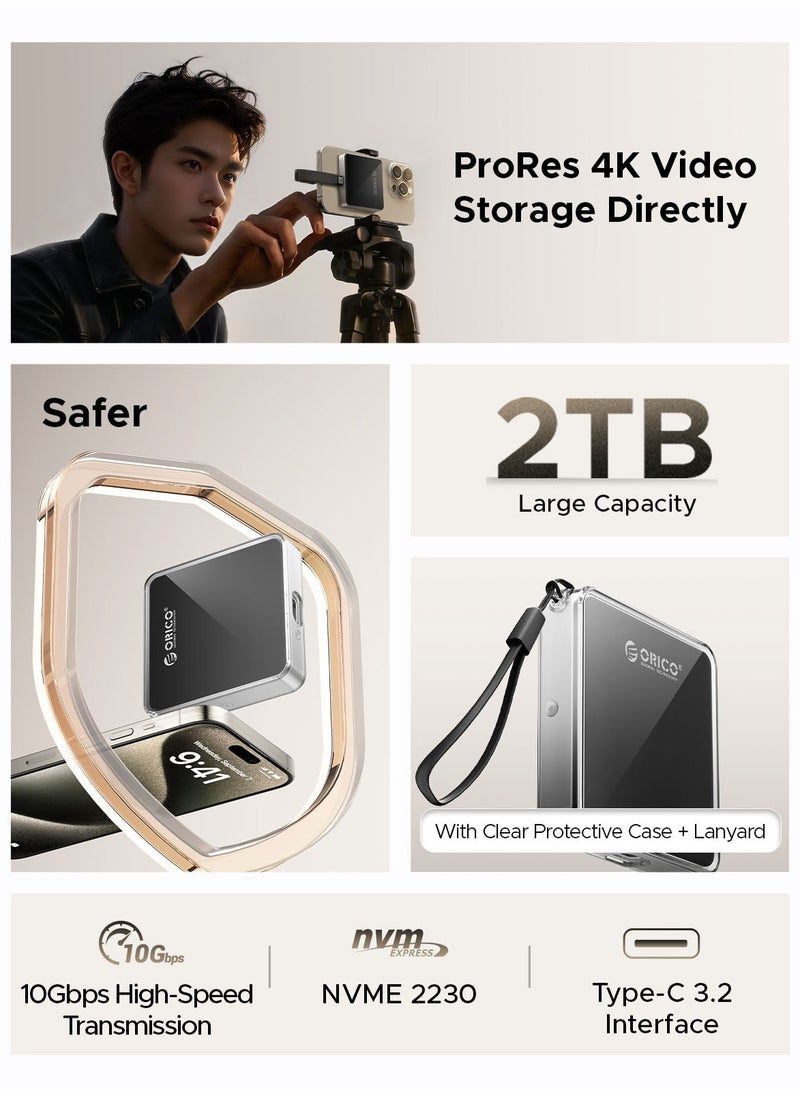 ORICO NVMe M.2 2230 SSD Enclosure, Magnetic SSD Enclosure Compatible with iPhone 15/16 Pro Series ProRes, 10Gbps USB C 3.2 Gen2 Type-C to NVMe Adapter with Protective Case & Lanyard