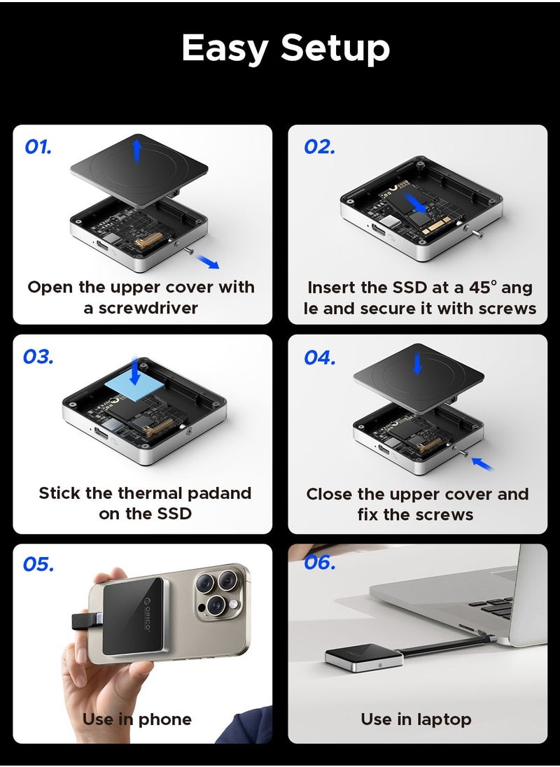 ORICO NVMe M.2 2230 SSD Enclosure, Magnetic SSD Enclosure Compatible with iPhone 15/16 Pro Series ProRes, 10Gbps USB C 3.2 Gen2 Type-C to NVMe Adapter with Protective Case & Lanyard