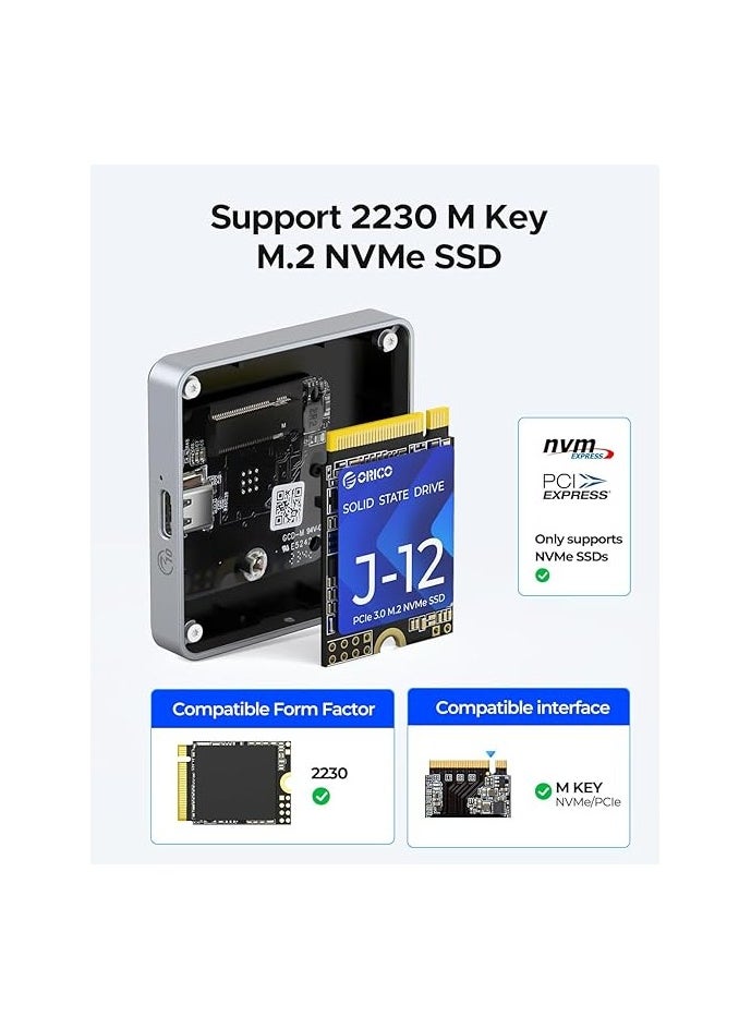 ORICO NVMe M.2 2230 SSD Enclosure, Magnetic SSD Enclosure Compatible with iPhone 15/16 Pro Series ProRes, 10Gbps USB C 3.2 Gen2 Type-C to NVMe Adapter with Protective Case & Lanyard