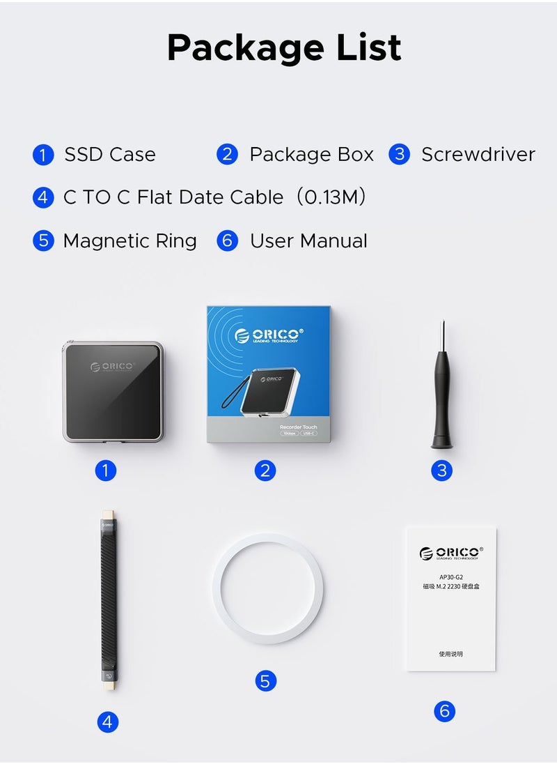 ORICO NVMe M.2 2230 SSD Enclosure, Magnetic SSD Enclosure Compatible with iPhone 15/16 Pro Series ProRes, 10Gbps USB C 3.2 Gen2 Type-C to NVMe Adapter with Protective Case & Lanyard