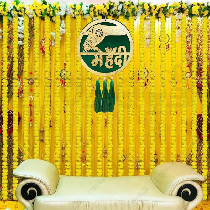 Zyozique Zyozique® Artificial Marigold Garland Flowers & Mehndi Hanging Board | Mehndi Decoration Combo | Decorations for Home, Outdoor, Garden | Backdrop Decorations Items (Pack of 16)  - Image 4