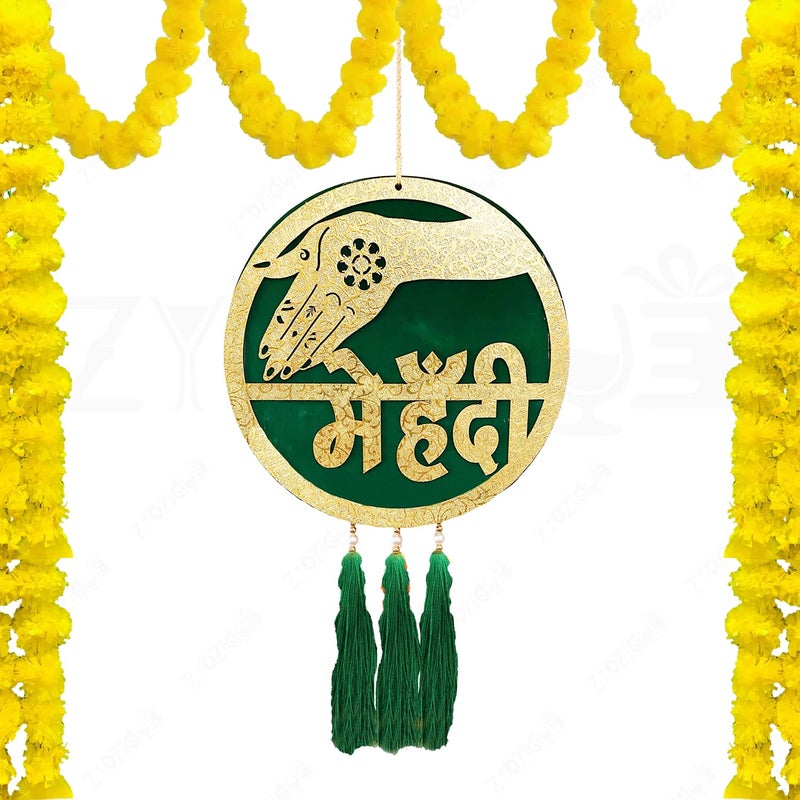 Zyozique Zyozique® Artificial Marigold Garland Flowers & Mehndi Hanging Board | Mehndi Decoration Combo | Decorations for Home, Outdoor, Garden | Backdrop Decorations Items (Pack of 16)  - Image 1