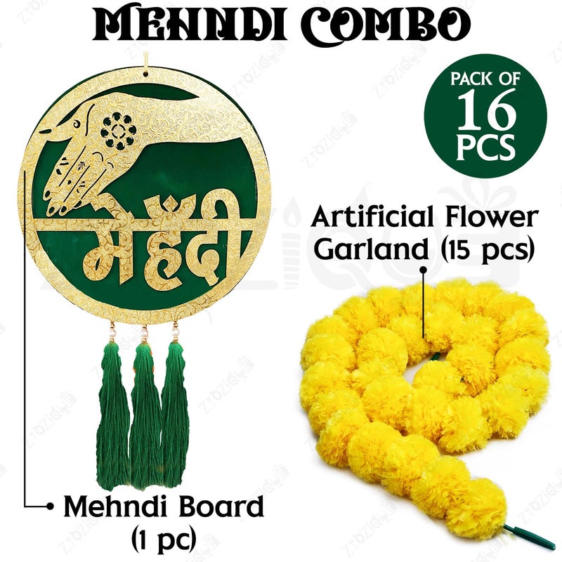 Zyozique Zyozique® Artificial Marigold Garland Flowers & Mehndi Hanging Board | Mehndi Decoration Combo | Decorations for Home, Outdoor, Garden | Backdrop Decorations Items (Pack of 16)  - Image 2