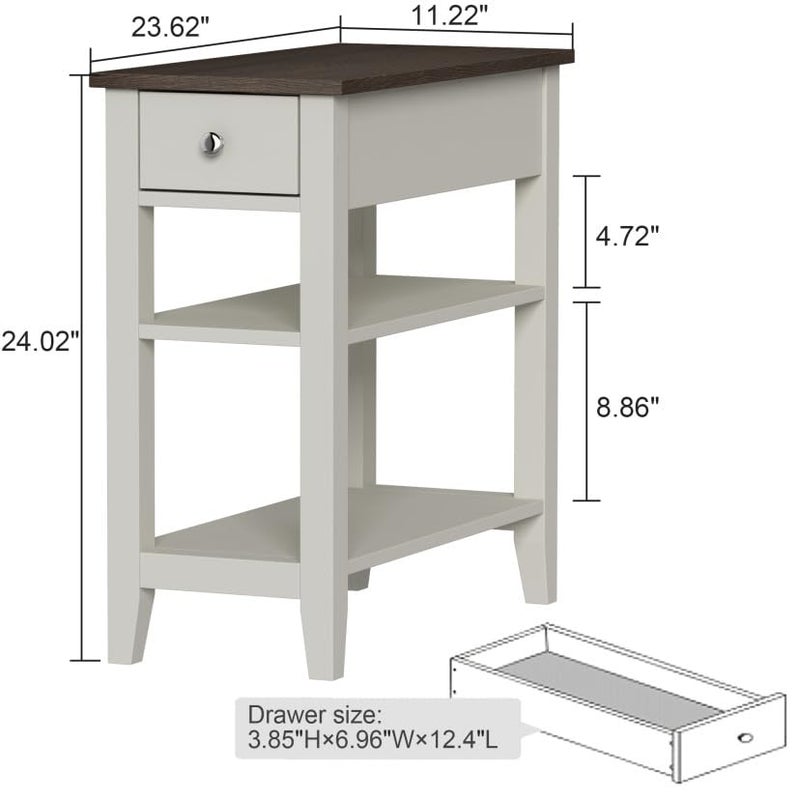 ChooChoo Side Table Living Room, Narrow End Table with Drawer and Shelf, 3-Tier Sofa End Table for Small Space, White and Brown - Image 4