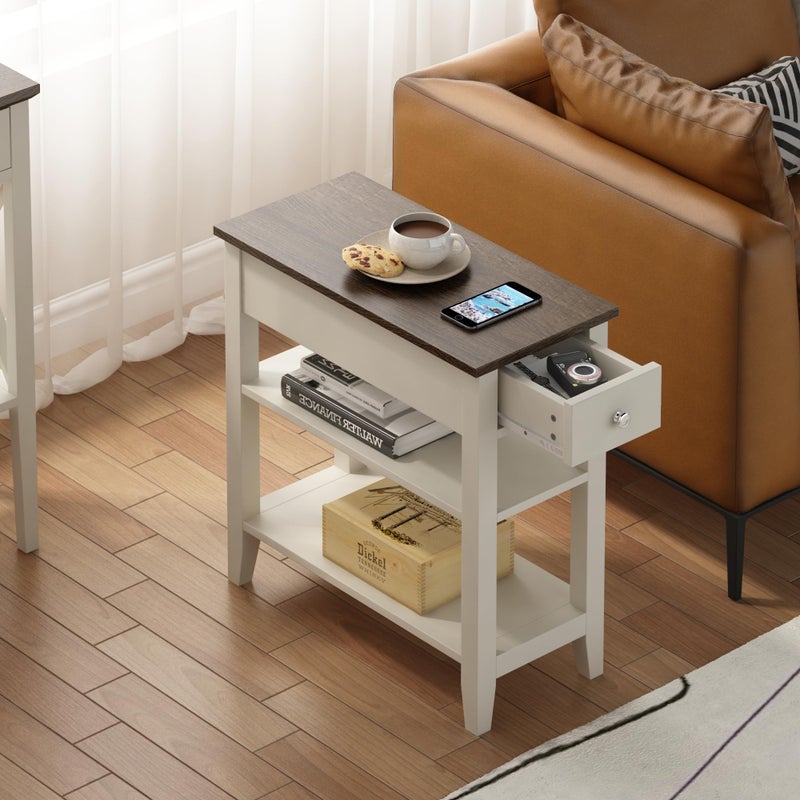 ChooChoo Side Table Living Room, Narrow End Table with Drawer and Shelf, 3-Tier Sofa End Table for Small Space, White and Brown - Image 2