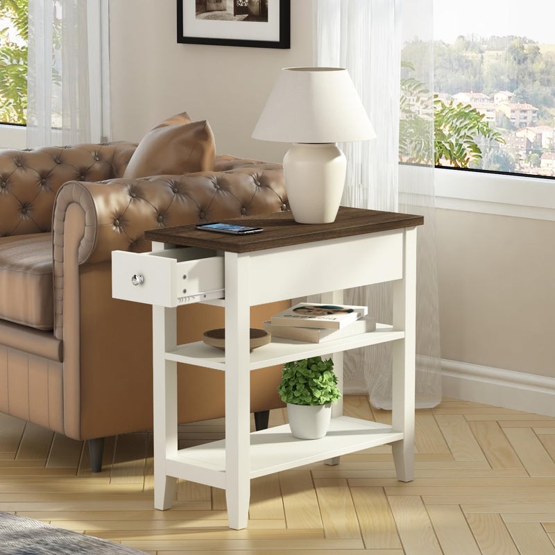 ChooChoo Side Table Living Room, Narrow End Table with Drawer and Shelf, 3-Tier Sofa End Table for Small Space, White and Brown - Image 1