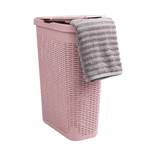 Mind Reader Slim Laundry Hamper with Lid, 40L Clothes Basket, Narrow Tapered Design with Ventilated Cutout Pattern, Plastic, Pink - Image 1