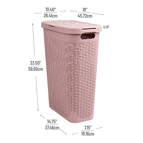 Mind Reader Slim Laundry Hamper with Lid, 40L Clothes Basket, Narrow Tapered Design with Ventilated Cutout Pattern, Plastic, Pink - Image 3
