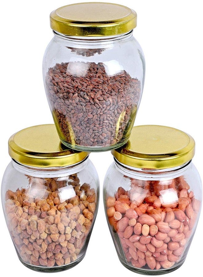 WEZOSHINET Matka Shape Kitchen Storage Jars And Containers With Airtight Metal Lid For Spice Jam Honey & Decoration Craft Work 350 Ml (Golden Lid Set Of 3), Blue - Image 1