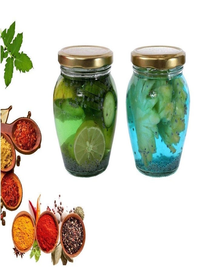 WEZOSHINET Matka Shape Kitchen Storage Jars And Containers With Airtight Metal Lid For Spice Jam Honey & Decoration Craft Work 350 Ml (Golden Lid Set Of 3), Blue - Image 3