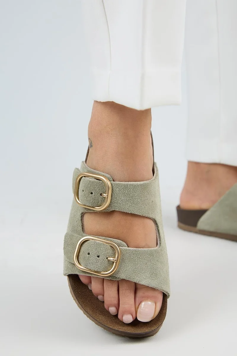 Manijero Manijero Jazmin Women's Genuine Leather Double Buckle Sea Green Slippers