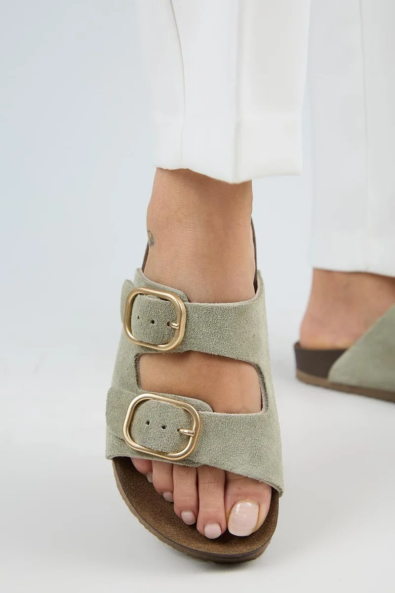 Manijero Manijero Jazmin Women's Genuine Leather Double Buckle Sea Green Slippers