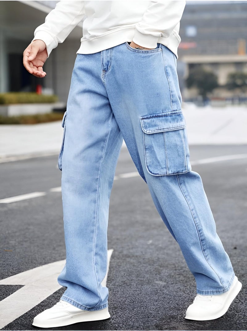 Ben Martin Men's Baggy Cargo Jeans || Oversized Loose Fit Wide Leg Denim Pants || Stretchable Roomy Pocket Casual Style || Light Blue High Rise Jeans Size 30 - Image 4