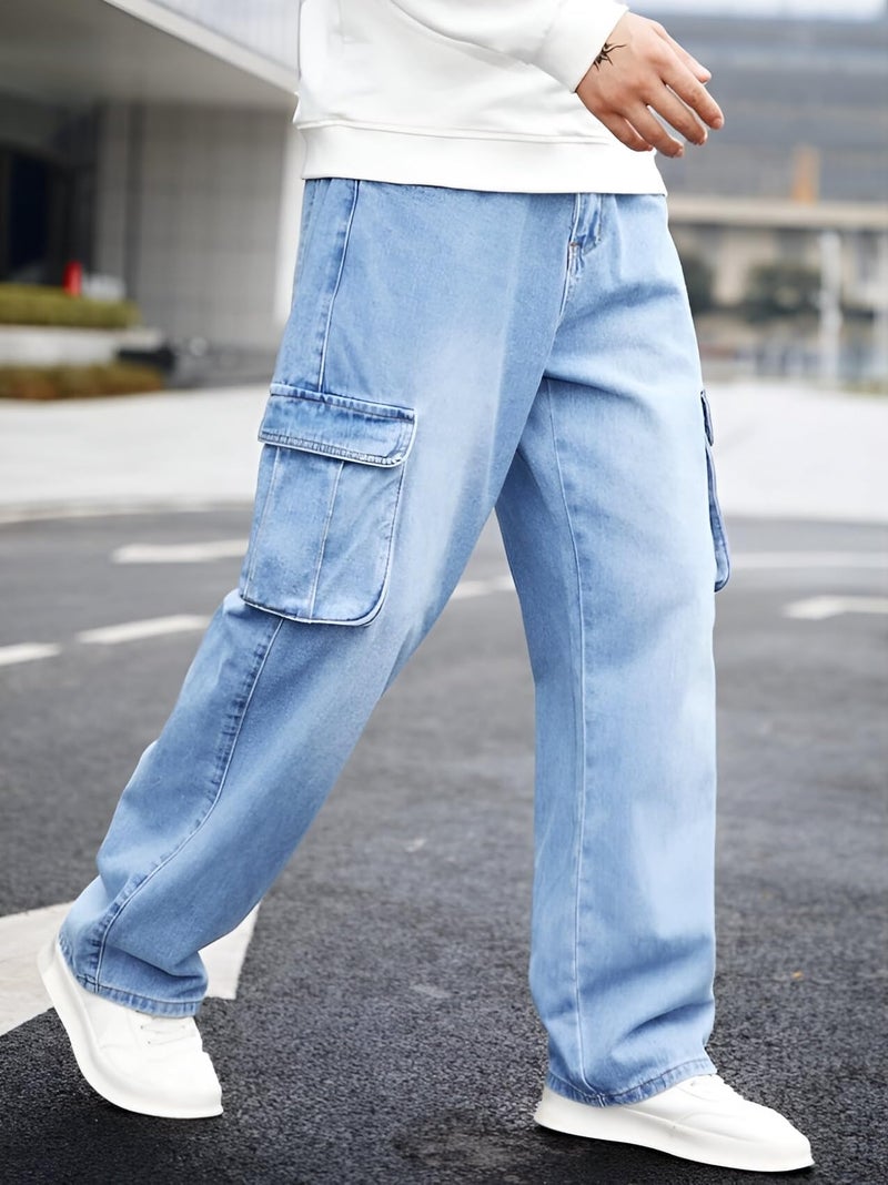 Ben Martin Men's Baggy Cargo Jeans || Oversized Loose Fit Wide Leg Denim Pants || Stretchable Roomy Pocket Casual Style || Light Blue High Rise Jeans Size 30 - Image 3
