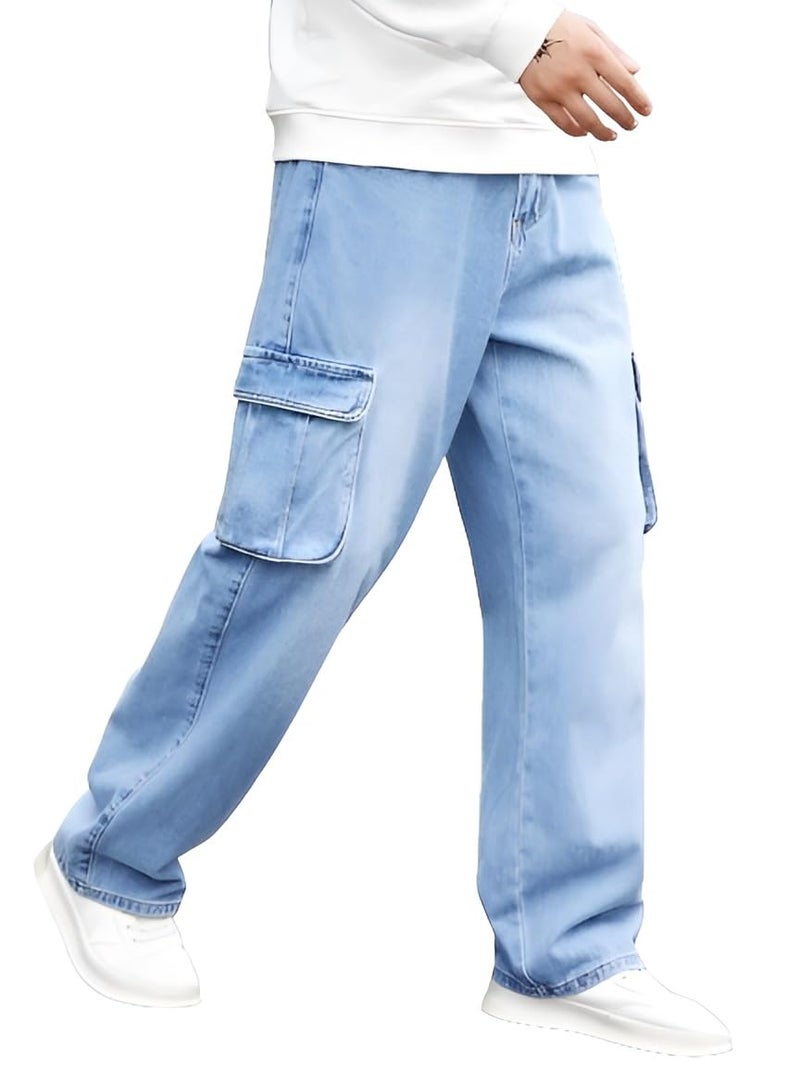 Ben Martin Men's Baggy Cargo Jeans || Oversized Loose Fit Wide Leg Denim Pants || Stretchable Roomy Pocket Casual Style || Light Blue High Rise Jeans Size 30 - Image 1