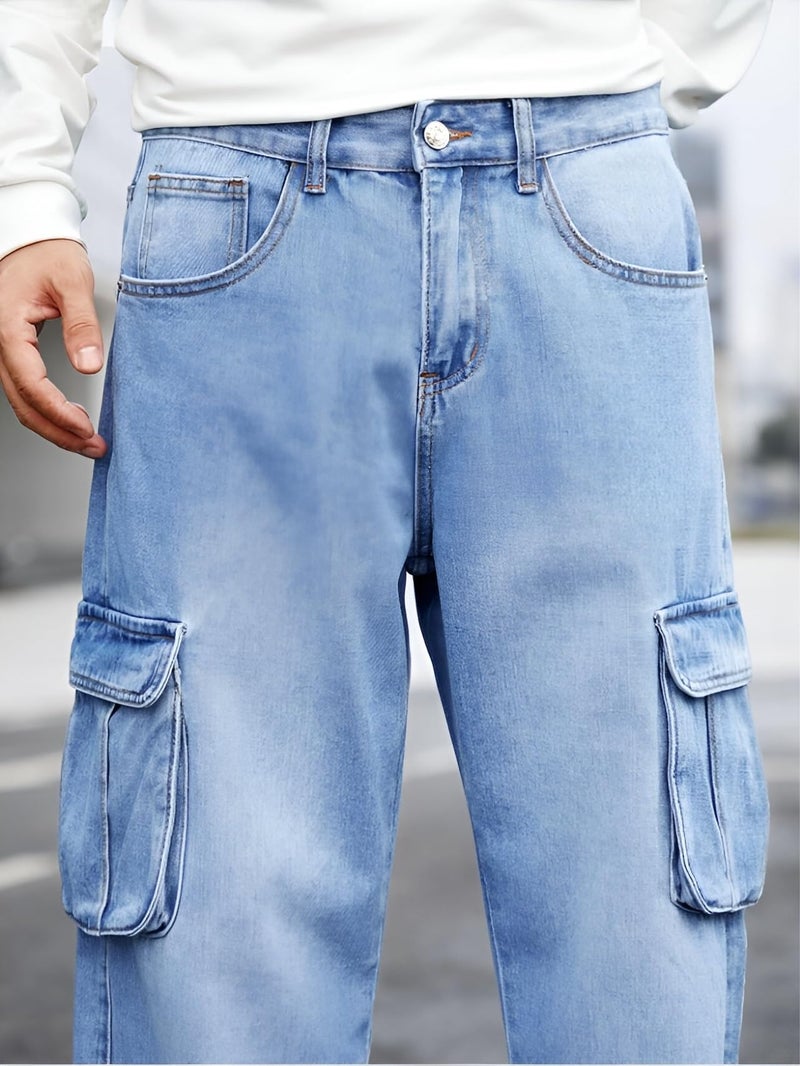Ben Martin Men's Baggy Cargo Jeans || Oversized Loose Fit Wide Leg Denim Pants || Stretchable Roomy Pocket Casual Style || Light Blue High Rise Jeans Size 30 - Image 5
