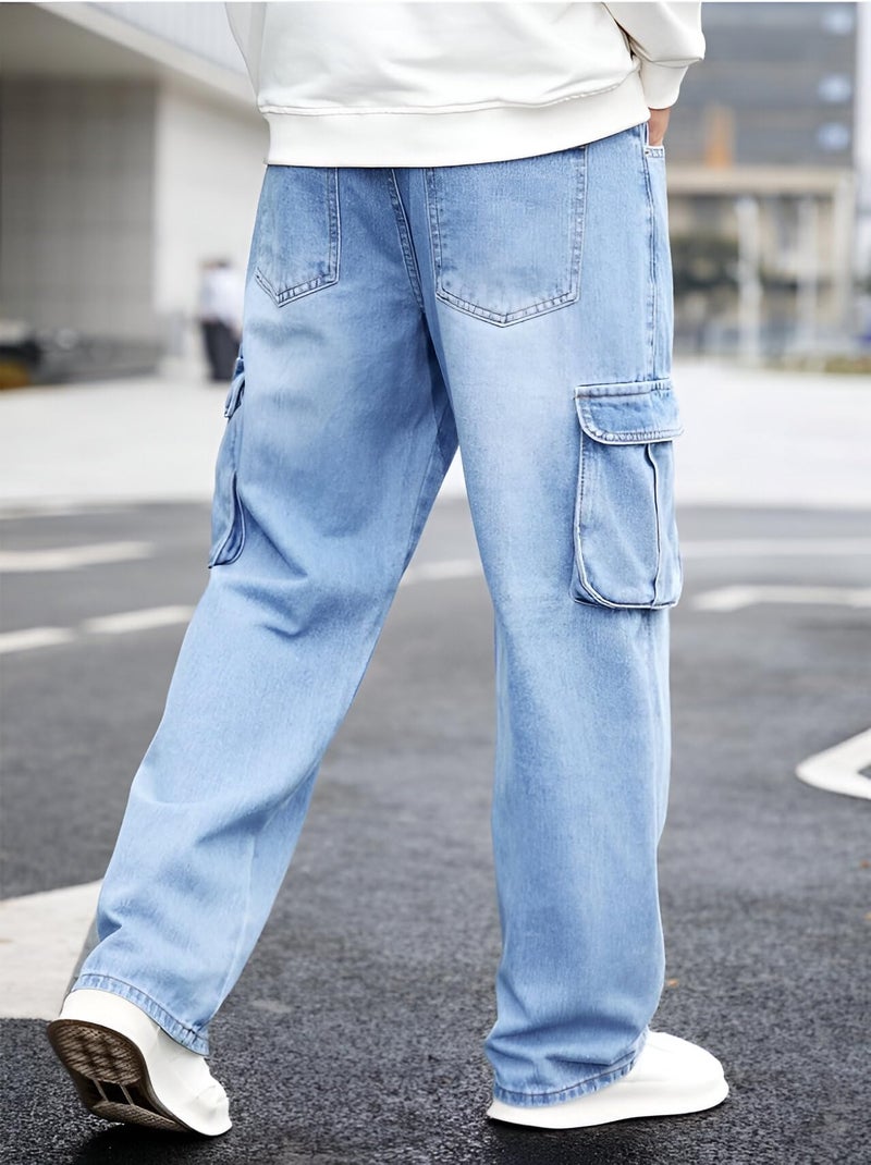 Ben Martin Men's Baggy Cargo Jeans || Oversized Loose Fit Wide Leg Denim Pants || Stretchable Roomy Pocket Casual Style || Light Blue High Rise Jeans Size 30 - Image 2