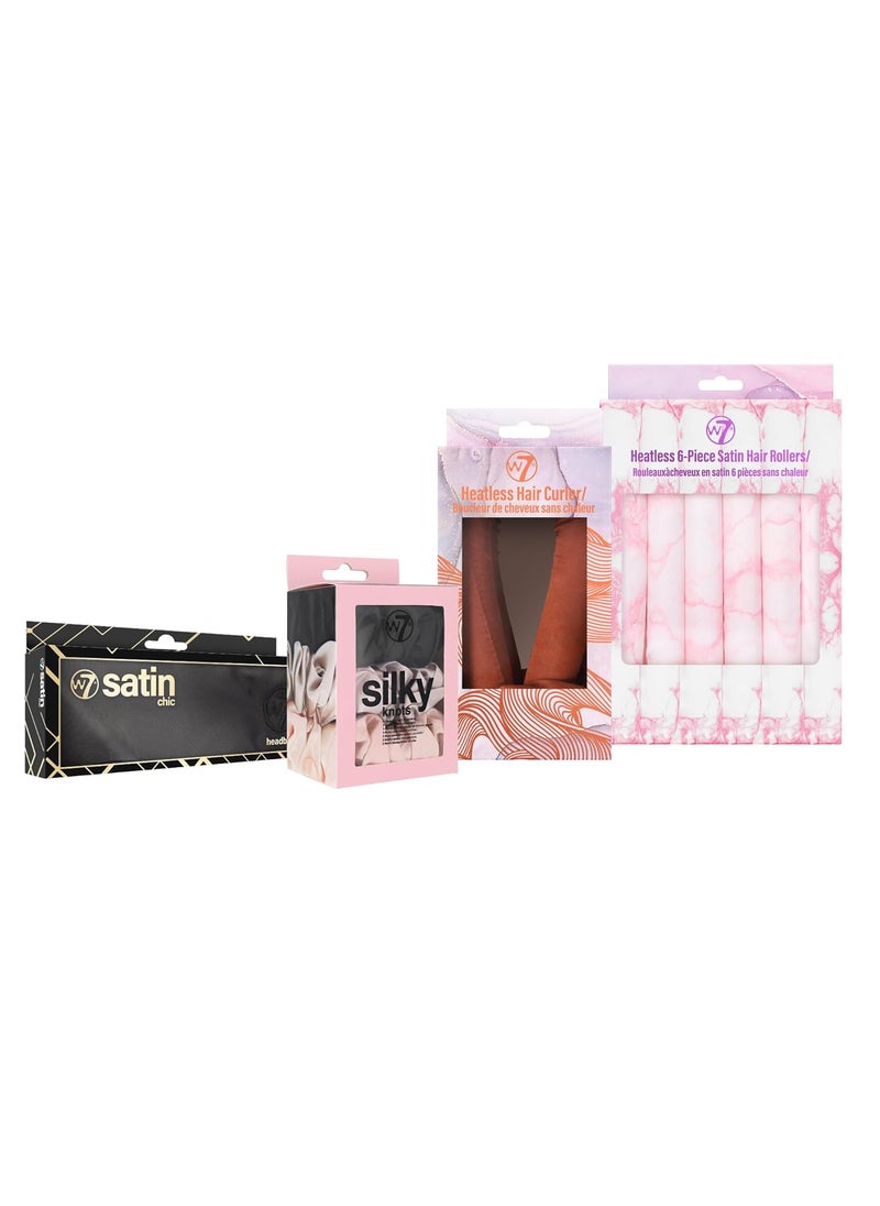W7 W7 Silky Hair Essentials  4 Piece Set  Satin Headband Scrunchies  Heatless Hair Rollers  Curler  AntiBreakage Styling Tools 