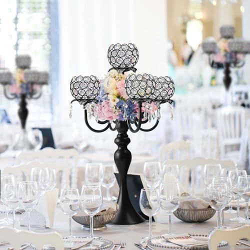 Kehail Set of 4 Crystal Tea Light Candle Holders - 22.5" Tall Metal & Crystal Centerpiece with Weighted Base for Birthday Valentine Dinner Table Decor- Matte Black - Image 4