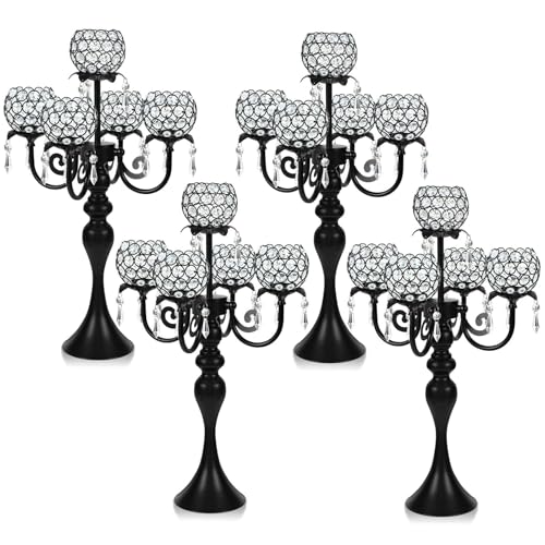 Kehail Set of 4 Crystal Tea Light Candle Holders - 22.5" Tall Metal & Crystal Centerpiece with Weighted Base for Birthday Valentine Dinner Table Decor- Matte Black - Image 1