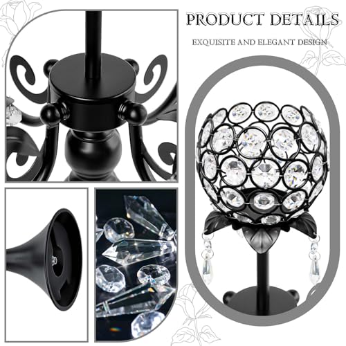 Kehail Set of 4 Crystal Tea Light Candle Holders - 22.5" Tall Metal & Crystal Centerpiece with Weighted Base for Birthday Valentine Dinner Table Decor- Matte Black - Image 3