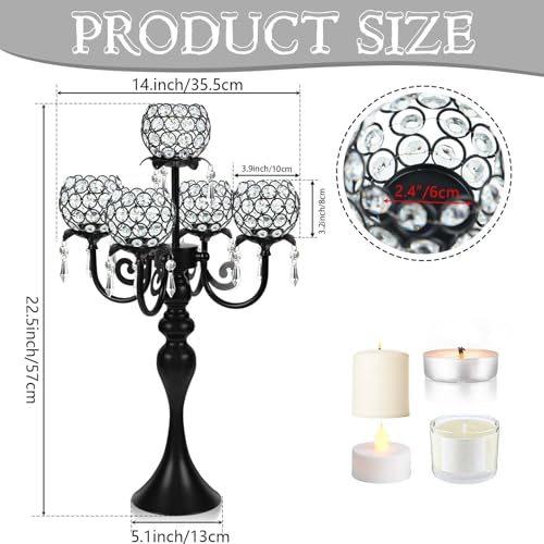 Kehail Set of 4 Crystal Tea Light Candle Holders - 22.5" Tall Metal & Crystal Centerpiece with Weighted Base for Birthday Valentine Dinner Table Decor- Matte Black - Image 2