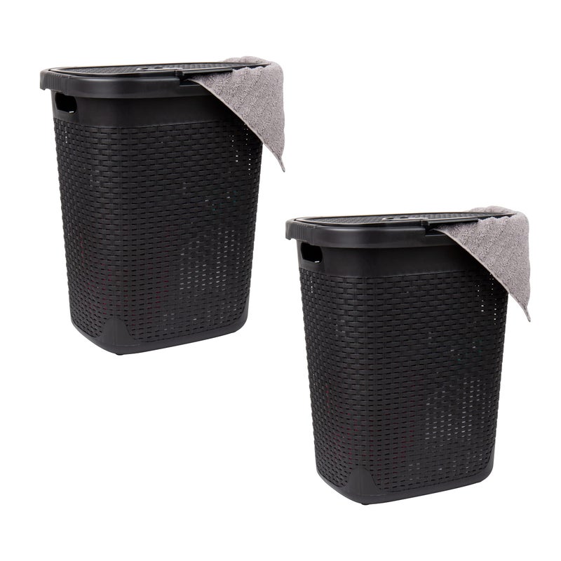Mind Reader 50L Slim Laundry Hamper Set of 2 Clothes Basket Lid Wicker Design Plastic 1765L x 1375W x 21H Black