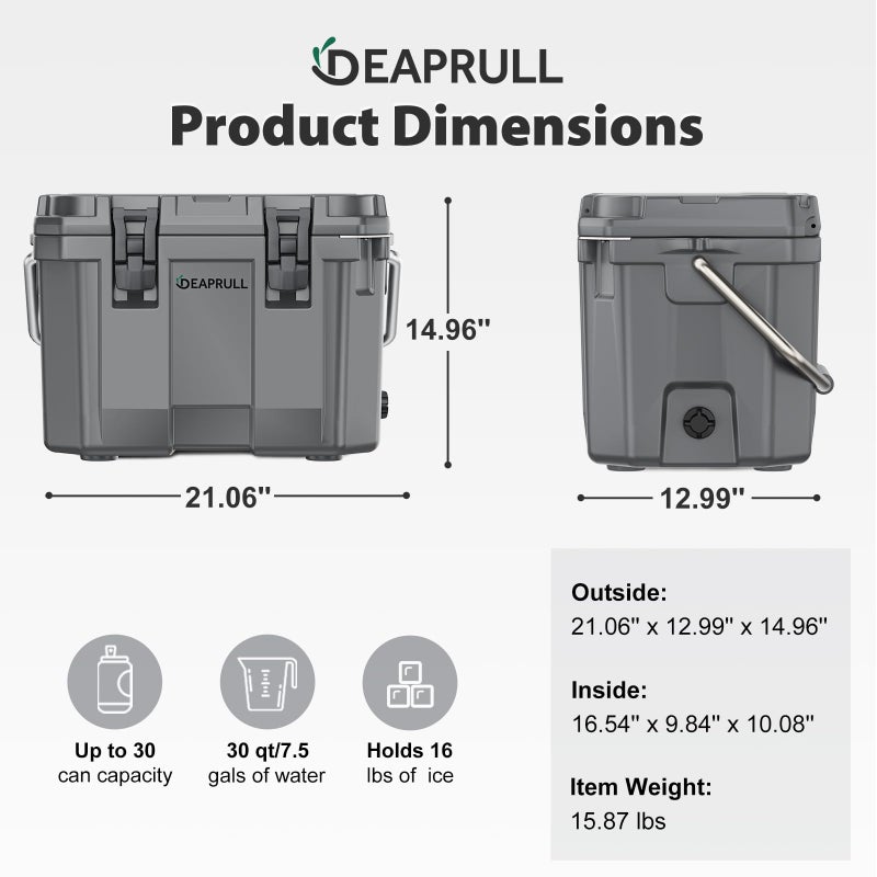 DEAPRULL 30 Quart Hard Cooler, Insulated Ice Chest Box Holds Ice for More Days, Portable Cooler with Handle, Cup Holders, Double Latches for Camping, Drink, Beverage, Beach, Picnic, Fishing, Boat, Barbecue - Image 2