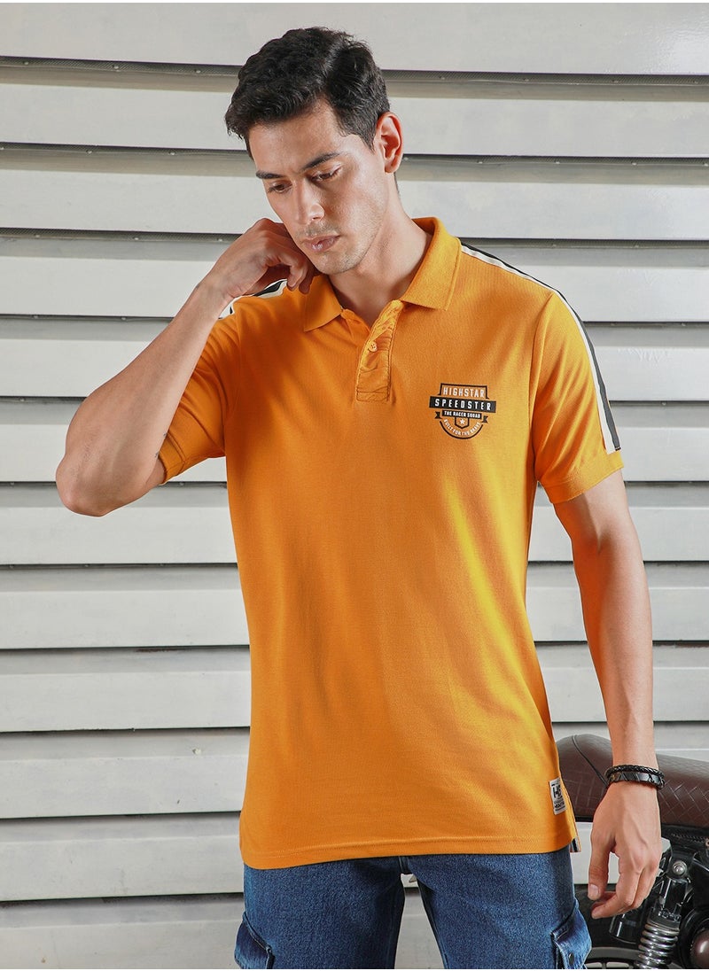 HIGH STAR Polo Collar Typographic Applique Casual T-shirt for Men  - Image 1