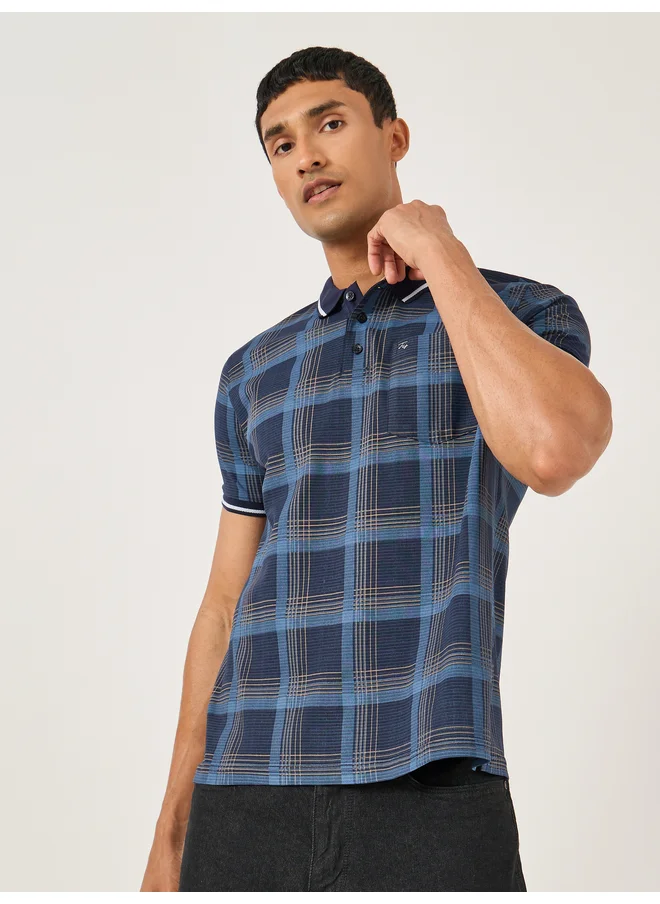 فورت كولينز Fort Collins Men Blue Checked Pocket Detail Regular Fit Polo T-Shirt