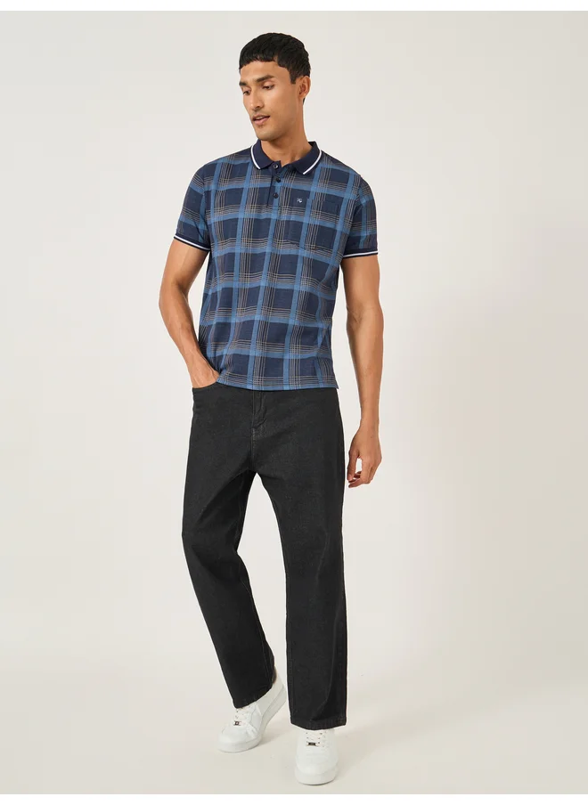 فورت كولينز Fort Collins Men Blue Checked Pocket Detail Regular Fit Polo T-Shirt